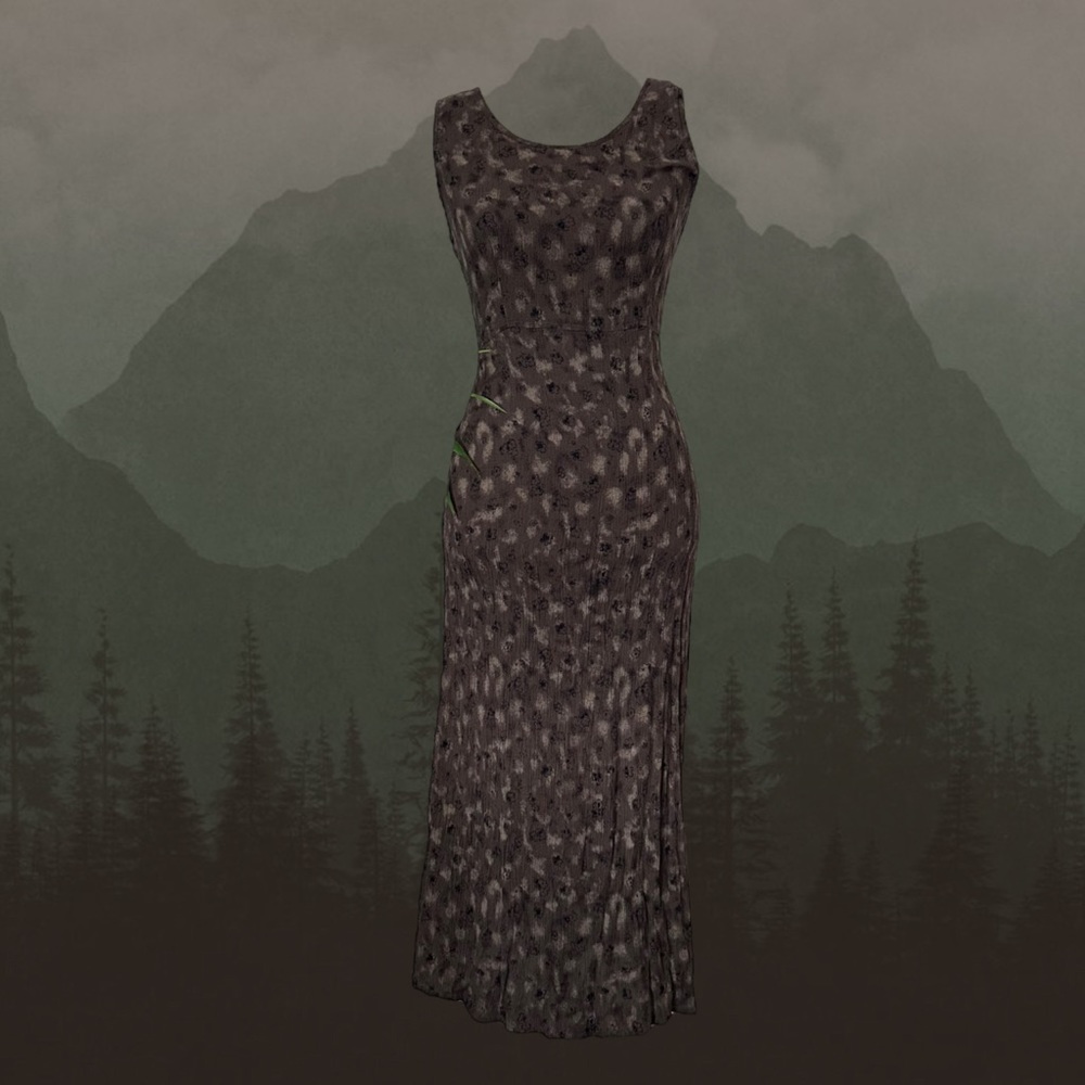 Brown Vintage Black Flower Print Cottage Core Indie Whimsigoth Fairy Maxi Dress